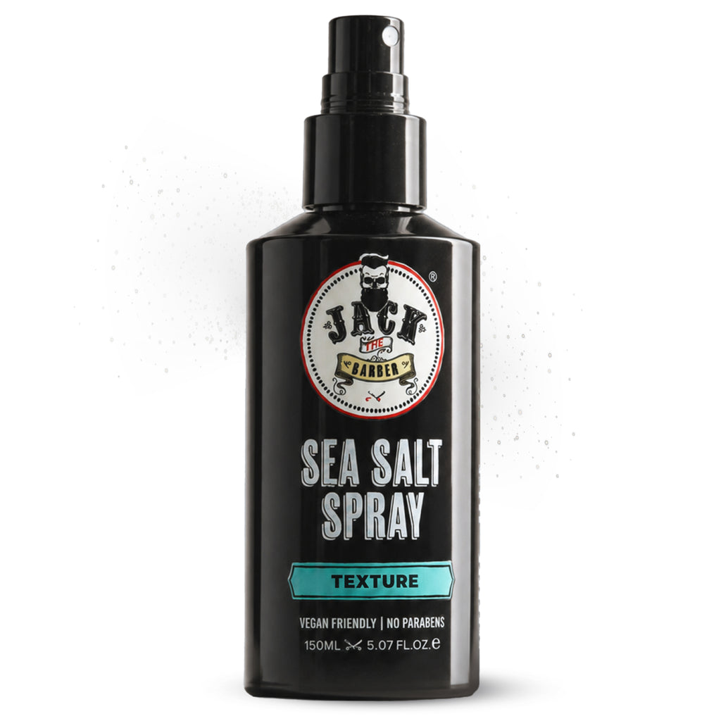 Black bottle of Jack the Barber Sea Salt Spray on a white background