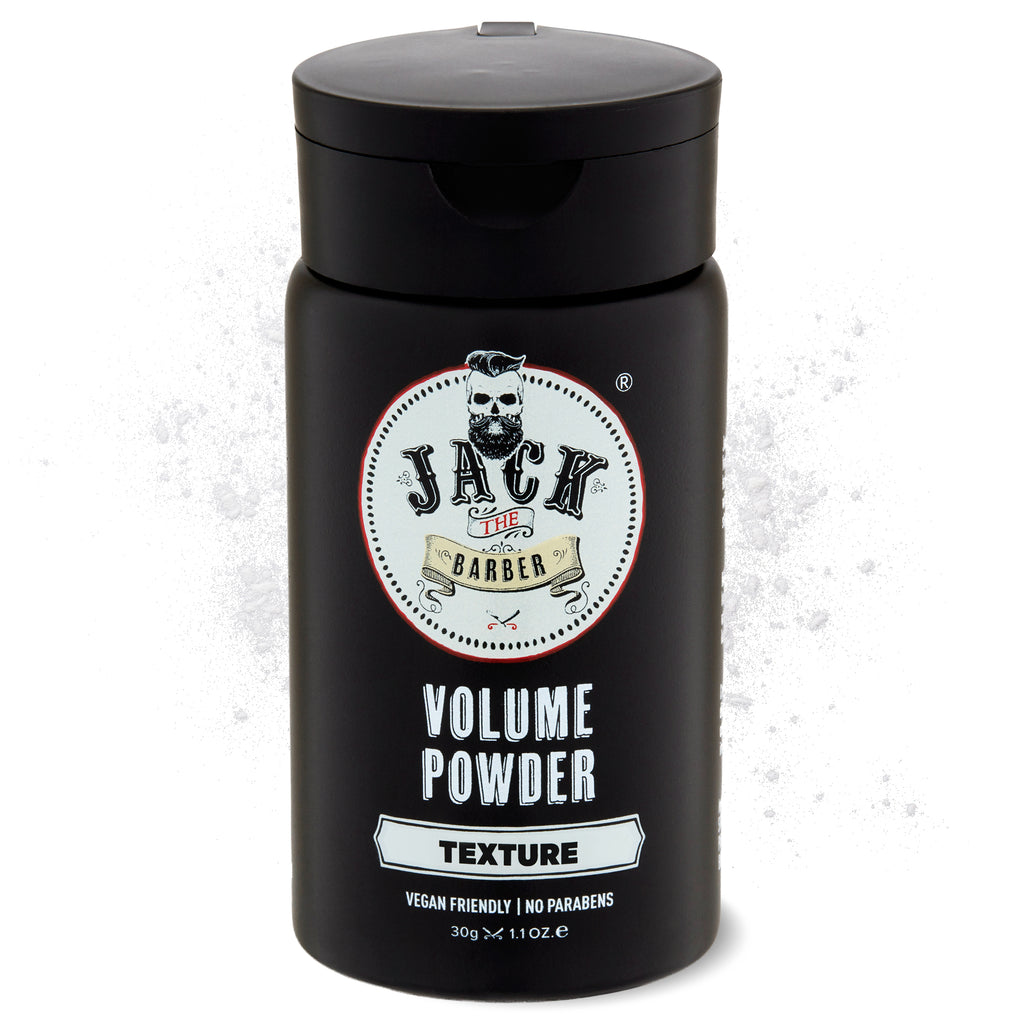 Black container of Jack the Barber Volume Styling Powder on a white background
