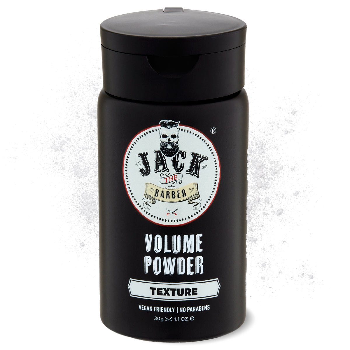 Black container of Jack the Barber Volume Styling Powder on a white background